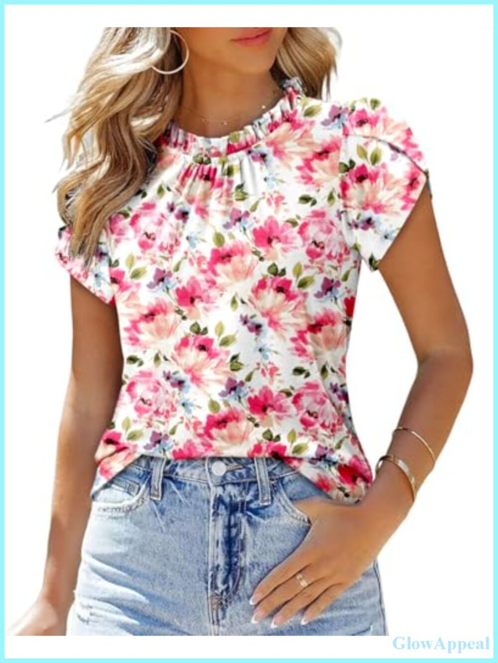 Women's Mock Neck Ruffle Short Sleeve Blouse Keyhole Back Work Top